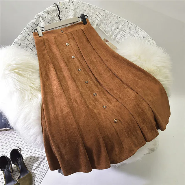 Модная замшевая юбка с высокой талией, Весенняя зимняя женская однотонная трапециевидная Повседневная винтажная плиссированная юбка миди, Saia Faldas Mujer - Цвет: brown
