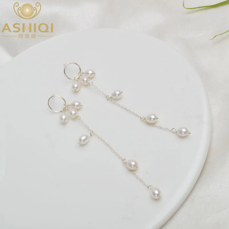 

ASHIQI Natural Freshwater Pearl Long Earrings 925 Sterling Silver Dangle Earrings For Women Girl Fashion Handmade Fine Jewelry