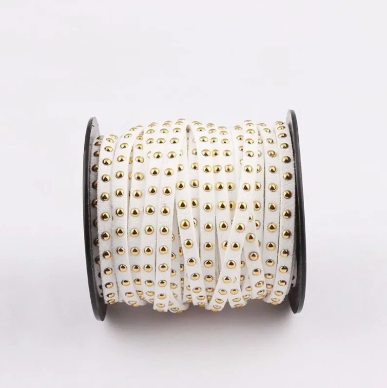 

20Yds White Suede Cord,Microfiber Faux Cord,Gold Studded Suede Cord,Gold Riveted Cord,5mmx2mm,Bracelet Necklace Jewelry Making