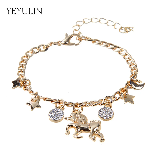 Alloy Rhinestone Sun Moon Star Unicorn Charms Bracelet Bangle Alloy Rhinestone Sun Moon Star Unicorn Charms Bracelet Bangle Personeality Drill Cute Animal Horse Pendants