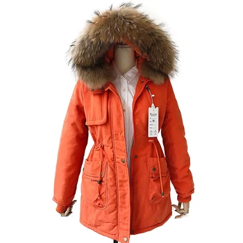 

2019 Winter Jacket Women Parka Real Raccoon Fur Collar Hooded Winter Coat Female Thicker Lambswool Lining Warm Wadded jacket