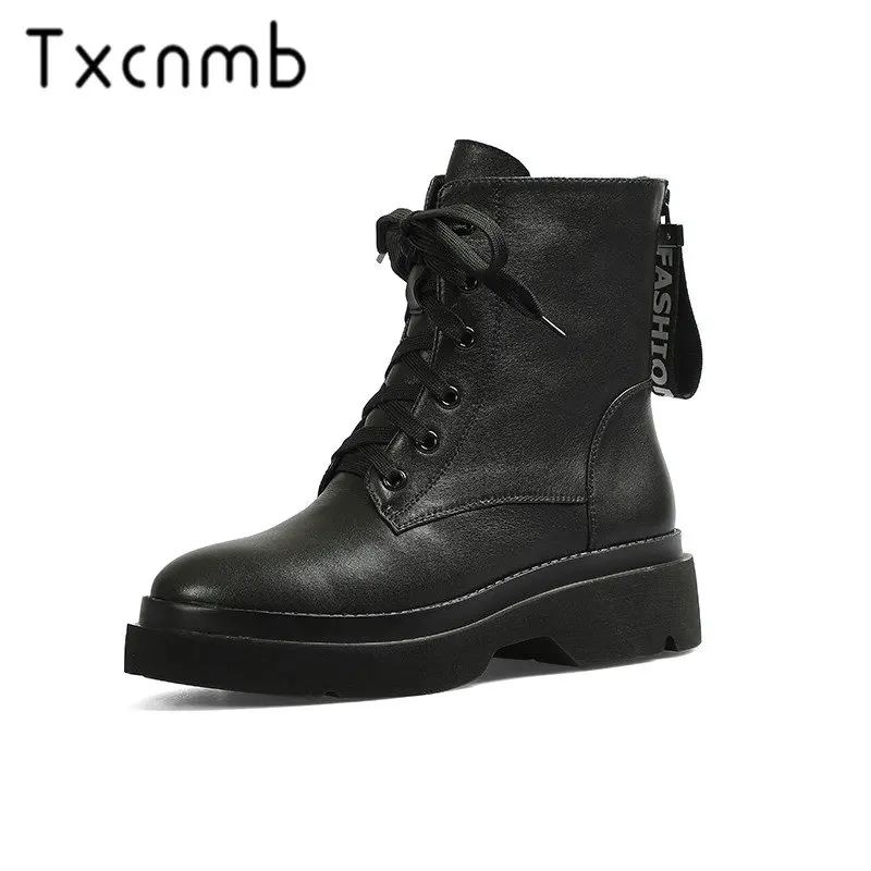 

TXCNMB 2019 Genuine Leather Winter Autumn Boots Women Plarform Heel Ankle Boots Cow Leather Chelsea Ladies Shoes Woman