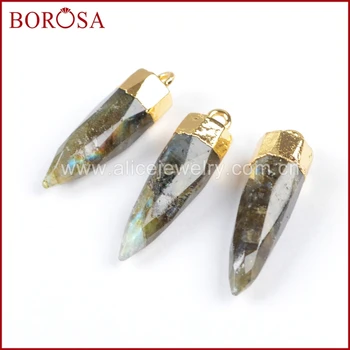 

BOROSA Natural Multi-Kind Stone Faceted Pendant Bead Gold Color Pencil Point Shape Flash Color G0621