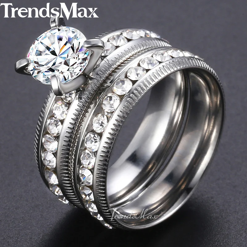 Trendsmax мужские и женские обручальное кольцо набор золотого и серебряного цвета из нержавеющей стали CZ камень пара обещаний обручальное ювелирное изделие KKRM29