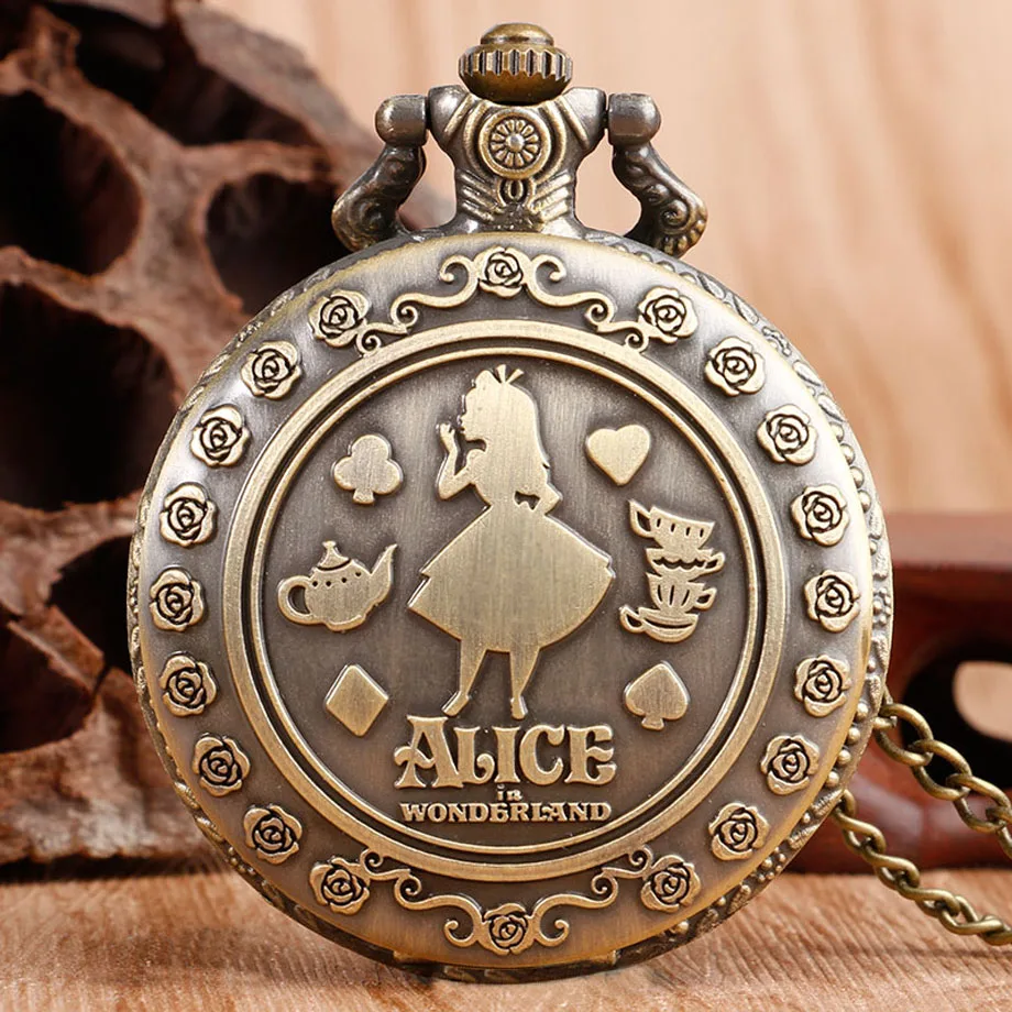 Hot Fashion Popular Girl Gift Alice Princess in Wonderland Bronze Antique Quartz Pocket Watch Women Lovely Pendant Fob Clock  (7)