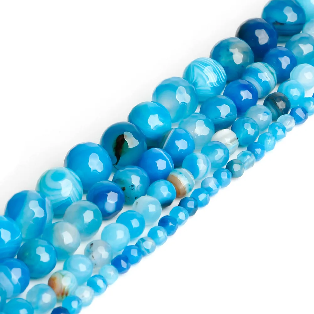 

Natural Stone Beads 4/6/8/10mm Strand 15'' Faceted Blue Stripe Agates Onxy Round Loose Beads For Jewelry Making