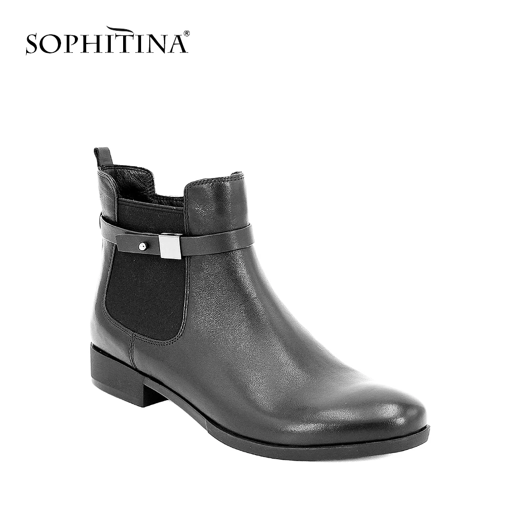 

SOPHITINA 2018 Winter Ankle Boots Handmade Woman Black Genuine Leather Solid Retro Round Toe Buckle Warm Shoes Lady Boots B011