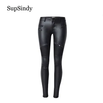

SupSindy Women PU leather pants fashion Black Leggings wild Slim pencil pants zipper motorcycle leather pants for women trousers