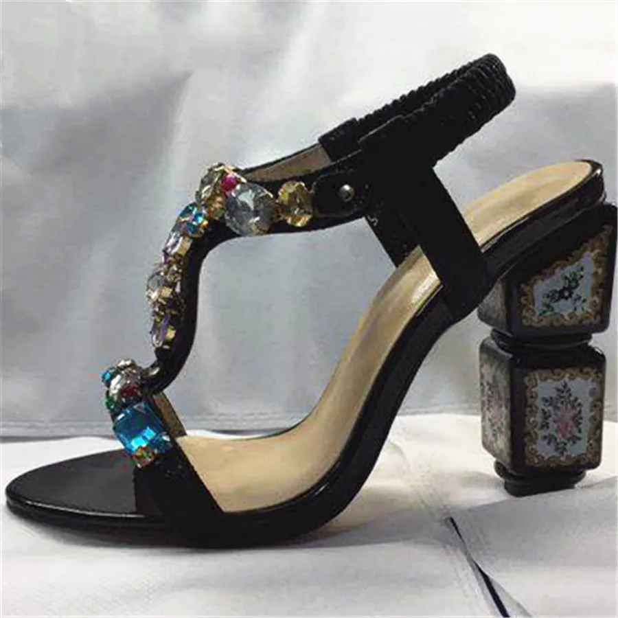 Chaussures Tissu Coloré bracelet T Femmes Strass D'été Rhinestone Sandales Étrange Rhinestone Talons Impression Paillettes Fleur Black Tenue black golden De Hauts Luchfive Braiding Fête dxTn0wq5Cn