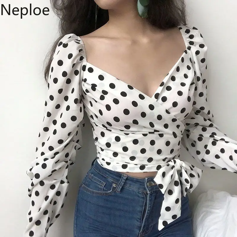 

Neploe Korean V Neck Polka Dot Skinny Women Tops Summer Slim Waist Sashes Full Sleeve Blousers Fashion Sexy Puff Sleeve Blusas