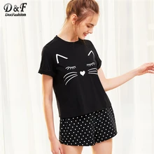 Dotfashion Cat Print Cuffed Top And Polka Dot Shorts Pajama Women Round Neck Short Sleeve Nightwear