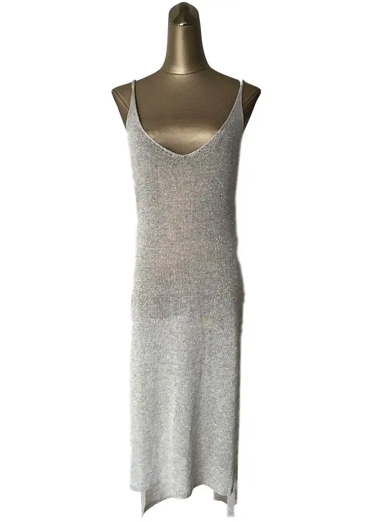 Сексуальное Женское пляжное платье с разрезом, золотое, серебряное, трикотажное, Сетчатое, длинный купальник, накидка без рукавов, открытая спина, саронг, пляжная юбка - Цвет: Silver
