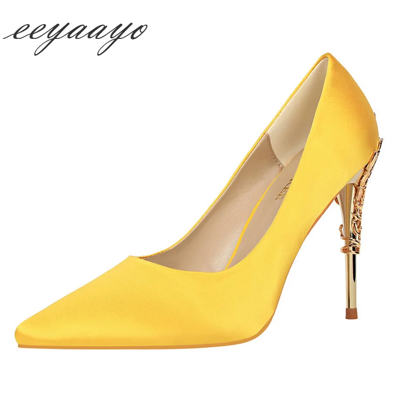 

2019 New Spring/Autumn Women Pumps High Thin Heel Pointed Toe Bridal Wedding Women Shoes Yellow Sexy Ladies High Metal Heels