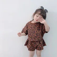 Костюм для девочек, Леопардовый принт, рубашка с летучей мышью, куртка+ шорты, летнее платье, новая импортная детская одежда