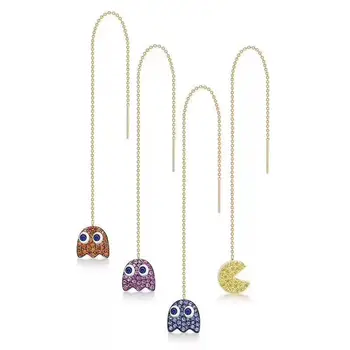 

One Piece My Childhood Mini Pac-Man Beans Earring Thread 925 Sterling Silver Zircon Clyde Eat Pixel Charm Chain Wedding Jewelry