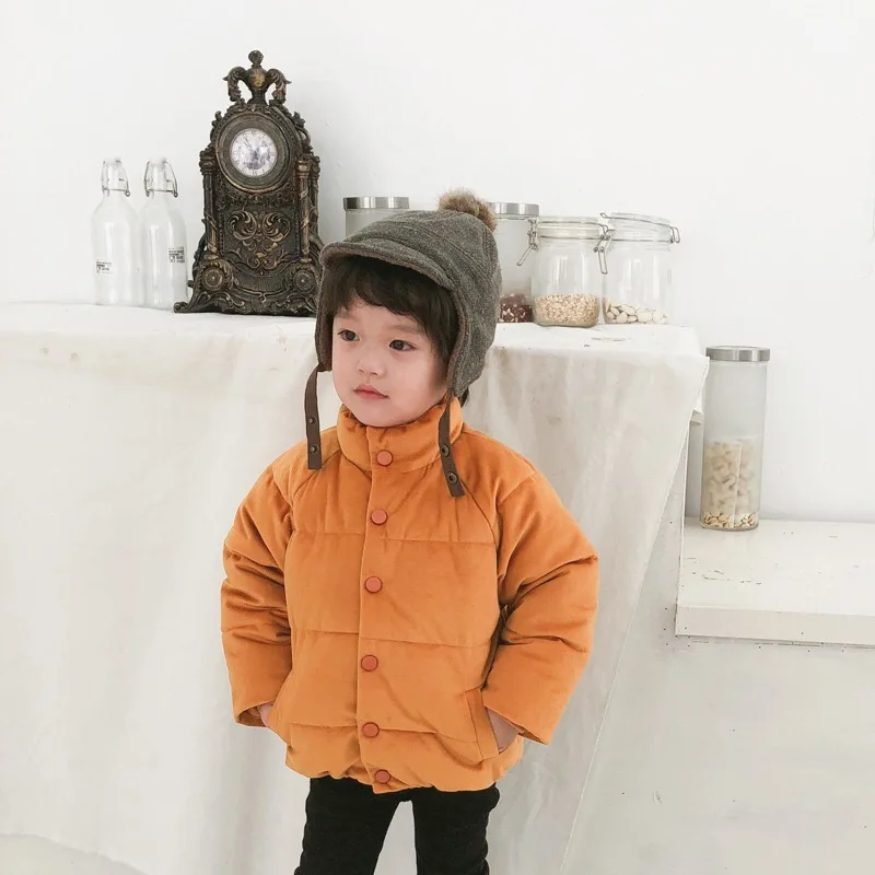 Корейская детская одежда на зиму для мальчиков и девочек, пуховое хлопковое стеганое детское золотистое бархатное утепленное пальто