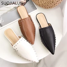 SUOJIALUN New Summer Flat Heel Mules Slippers Pointed Toe Slip On Half Flat Slipper Casual Shoes Women Flats Flip Flop Sandal SUOJIALUN New Summer Flat Heel Mules Slippers Pointed Toe Slip On Half Flat Slipper Casual Shoes Women Flats Flip Flop Sandal