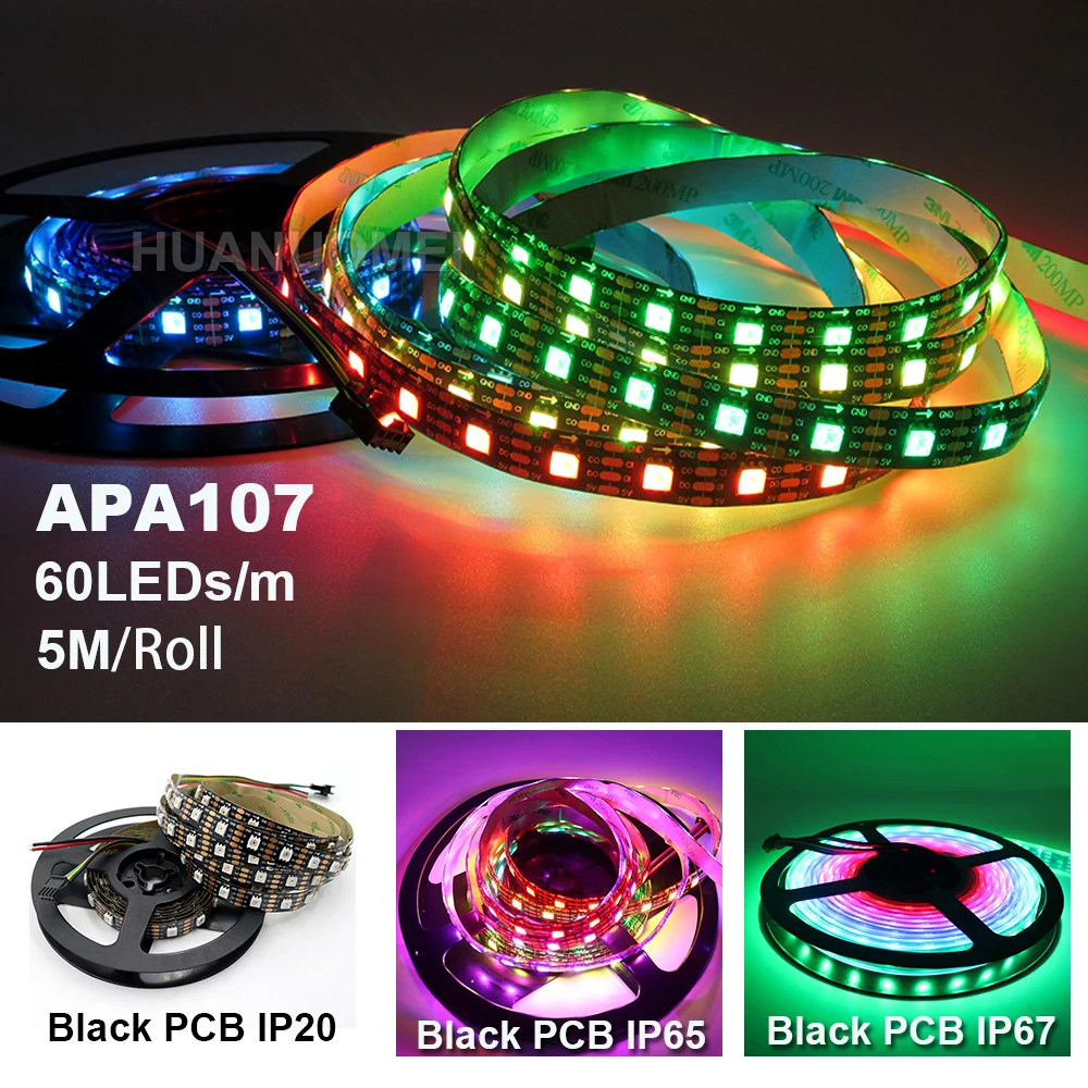 1 м/2 м/5 м APA107 Светодиодные ленты RGB пикселей Лента светильник, 5V 5050 SMD адресуемых Smart 30/60/72/144 светодиодный s/m, белый/черный печатных плат, IP20/IP65/IP67