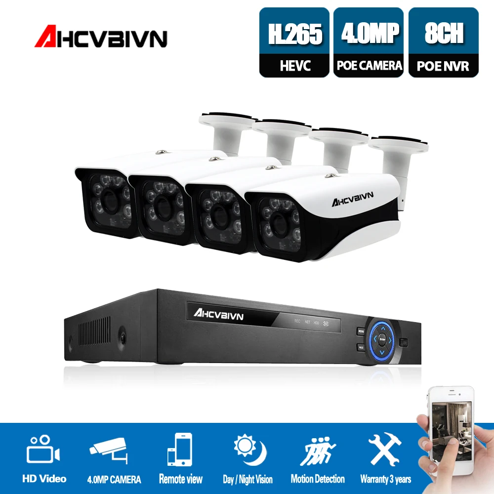 H.265 8CH 5MP CCTV NVR IP камера системы 4 шт. 4mp купольная пуля водонепроницаемый комплект видеонаблюдения POE камера безопасности Обнаружение движения