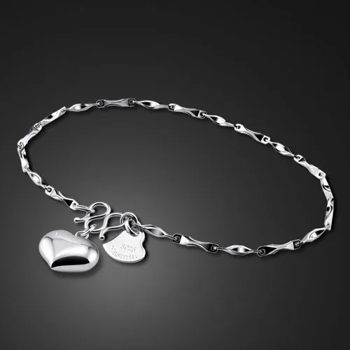 

Hot New Fashion 16cm-19cm Heart Pendant Link Bracelet Girl Simple 925 Sterling Silver Bracelet Women Jewelry Gift Mujer Pulseras