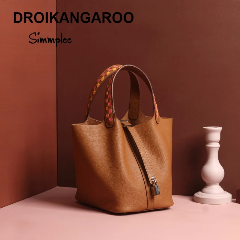 

Anna same leather vegetable basket knitting large capacity first-layer cowhide palm print hand-held Bucket BagHandbags Purses