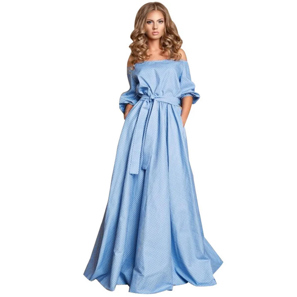 Graceful mujeres Sexy Off Shoulder azul del partido vestidos largos Casual manga corta Loose encuadre de