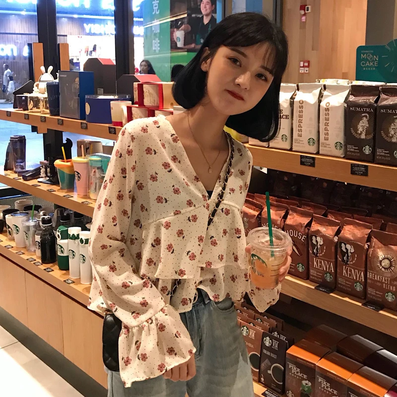 

2 Colors Mihoshop Ulzzang Korean Korea Women Fashion Clothing V Collar Flower Floral Print Long Sleeve Shirt