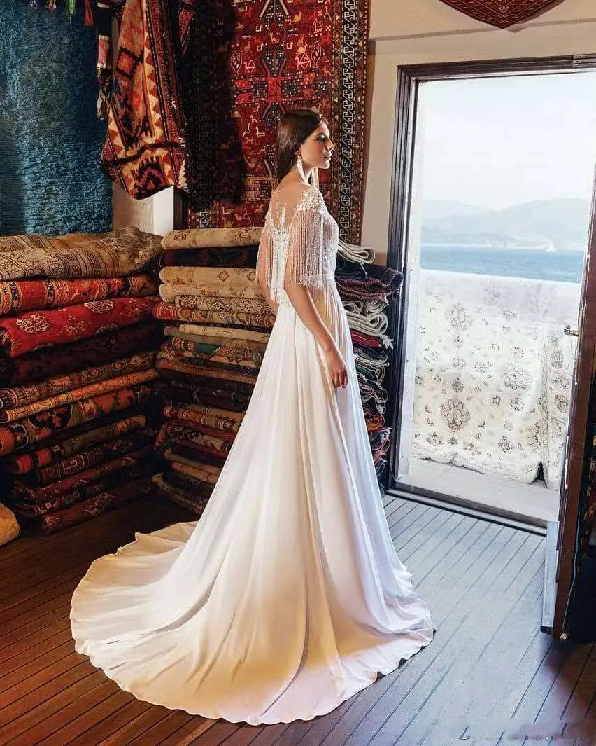 Элегантное шифоновое пляжное свадебное платье с кружевными бусинами и кисточками на рукавах Vestido de Noiva винтажное свадебное платье в стиле бохо es