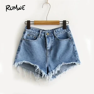 ROMWE Blue Ripped Hem Denim Shorts Women Summer Fashion Straight Leg Button Fly Shorts Streetwear Twin Pockets Shorts ROMWE Blue Ripped Hem Denim Shorts Women Summer Fashion Straight Leg Button Fly Shorts Streetwear Twin Pockets Shorts
