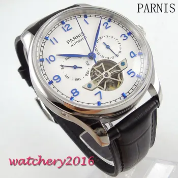 

43mm parnis white Dial Blue Marks Day Date mens watches top brand luxury leather strap Men's Automatic Movement Watch