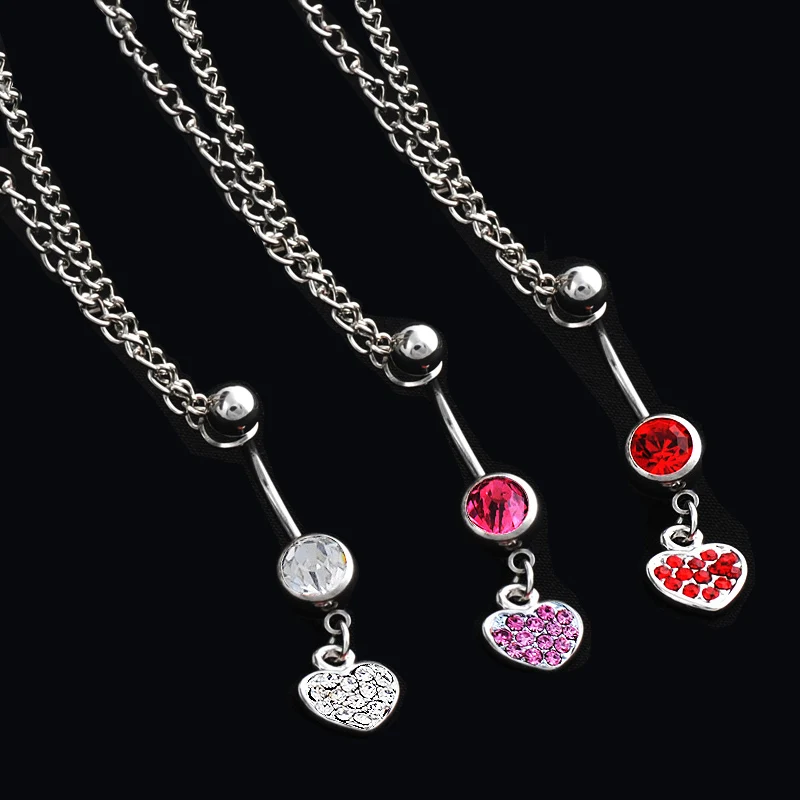 Rhinestones Heart Navel Ring Belly Button Bar Waist Chain Body Piercing