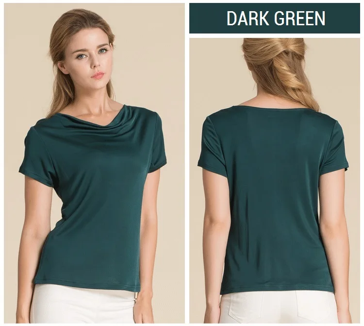 100% Pure Silk Women's T-Shirts Women Cowl Collar Wild Shirts Femme Short Sleeve Tops Woman Casual Tee Shirt Female T Shirts 19