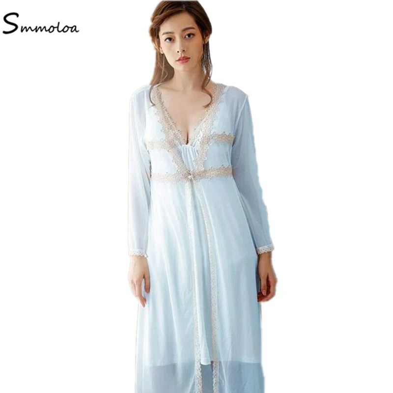 Smmoloa Spring Summer Silk Women Lace Bathrobe Two Pieces Sleep Set Luxury Sexy Print Sleepwear