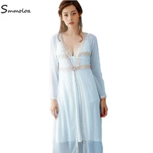 Smmoloa Spring Summer Silk Women Lace Bathrobe Two Pieces Sleep Set Luxury Sexy Print Sleepwear