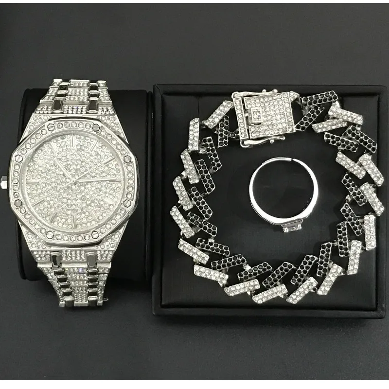 Мужские Роскошные часы в стиле хип-хоп, браслет с кристаллами, кубинская цепочка, Золотое и Серебряное регулируемое кольцо, мужские часы, браслет, кольцо - Окраска металла: С черным покрытием, нанесенным краскопультом
