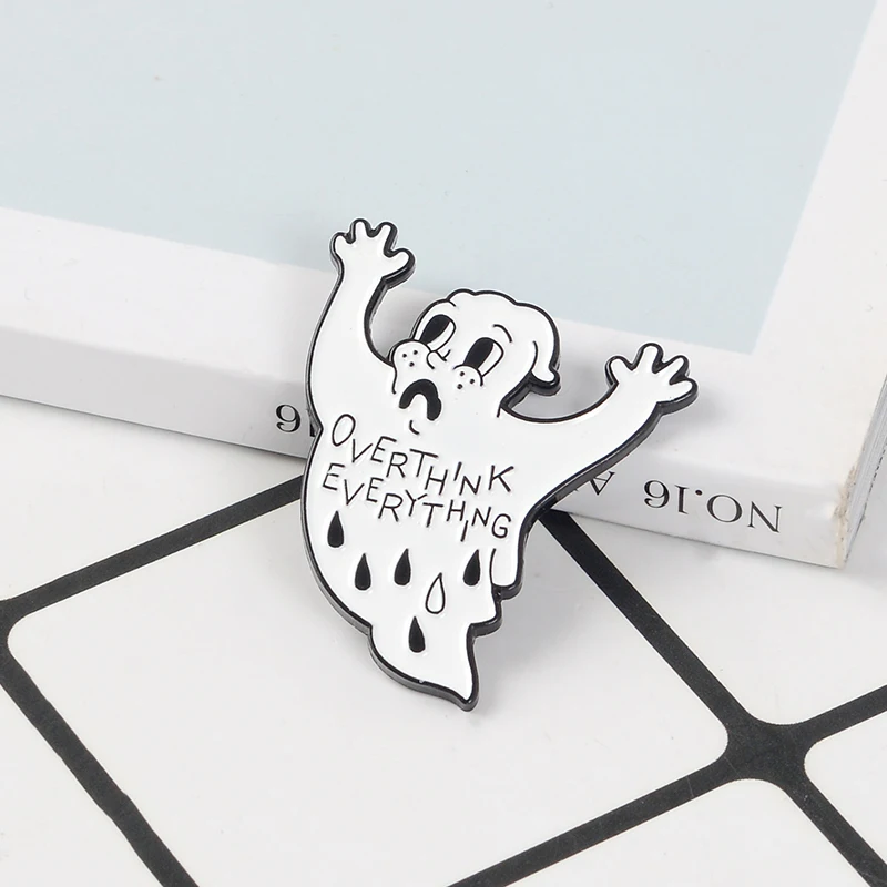 

Overthink Ghost Pin White Ghost Anxiety Brooches Enamel Pins Cartoon Specter Badge Halloween Jewelry Gift for friends women men