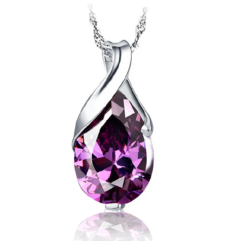 

Latest New Purple CZ Crystal with 925 Sterling Silver Water Drop Pendant Necklace Nice Woman Fashion Jewellery