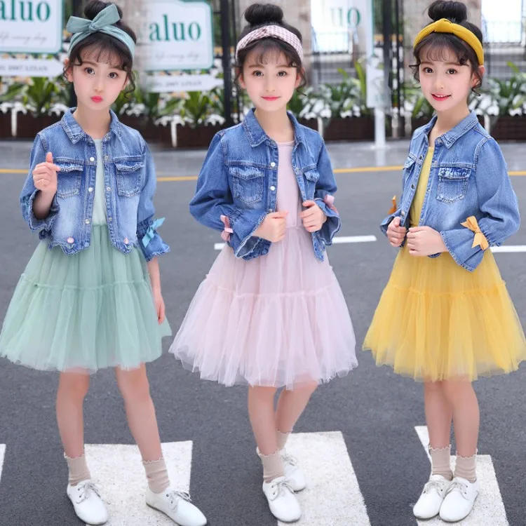 

Hot 2018 Spring Girls Gauze Cotton Patchwork Dress 2 Piece Set Children Kids Vintage Single Breasted Denim Outwear Princess Suit