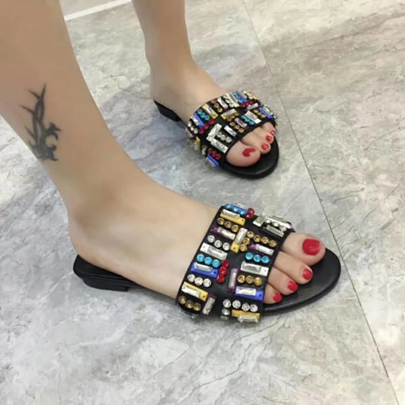 

Bling Bling Colorful Rhinestone Sheepskin Woman Sandals Crystal Flats Summer Beach Flip Flops Female Party Single Shoes Ladies