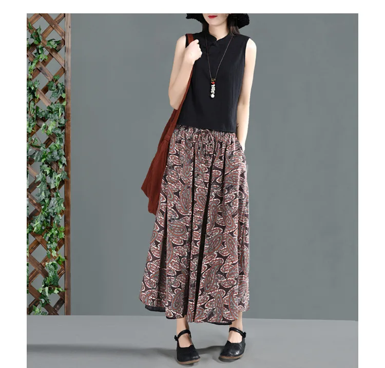 Spring Skirt Women Loose Elastic Waist Retro Skirt New Ladies Print pocket Vintage Casual Skirt Mori girl