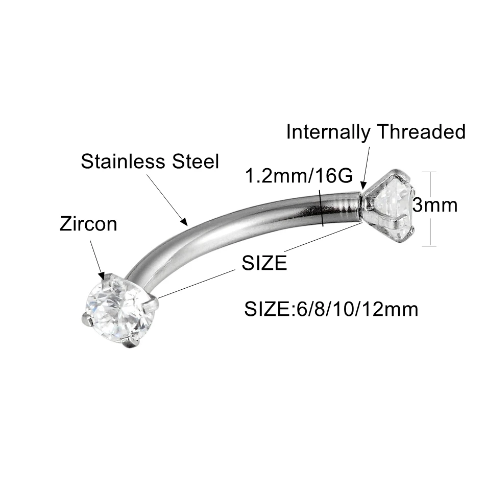 G23titan AAA циркон 316L нержавеющая сталь внутренняя резьба Bananabells пирсинг ювелирные изделия для уха Живота Бровей Губ серьги