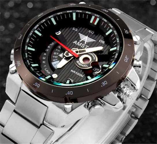 Брендовые кварцевые часы AMST для мужчин, повседневные спортивные часы из нержавеющей стали, отображение даты, военные водонепроницаемые часы 3008 - Цвет: black