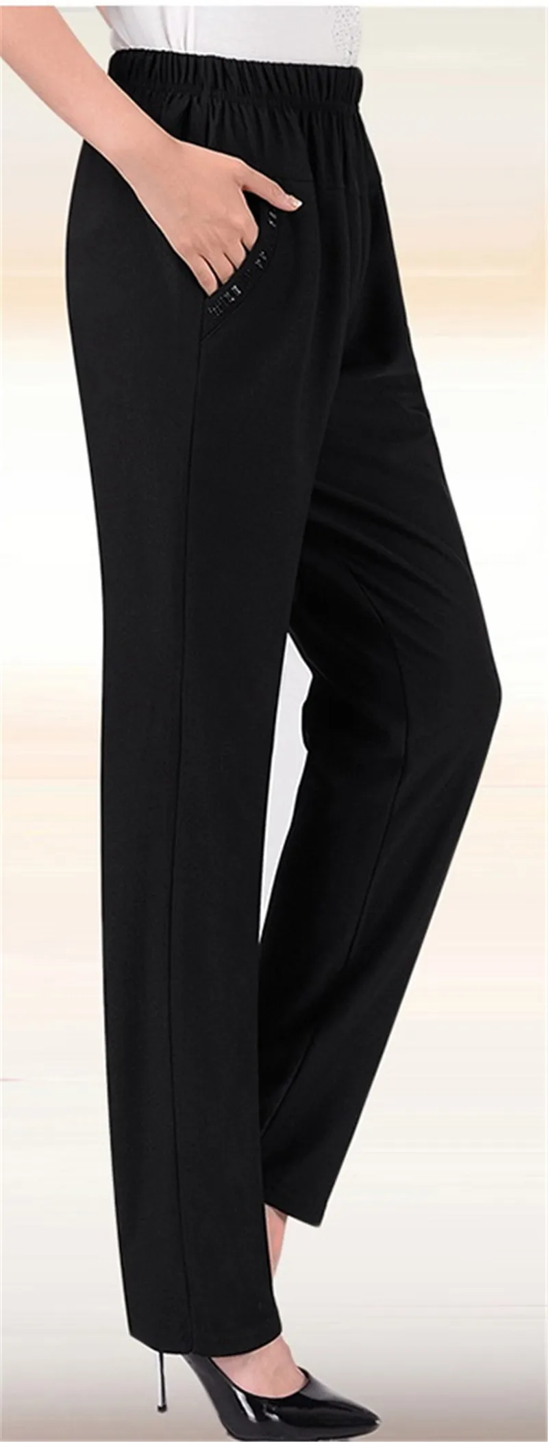 XL-8XL весенне-осенние прямые женские брюки с высокой эластичной талией, повседневные зимние Бархатные брюки среднего возраста размера плюс, черные