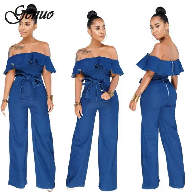 

New Denim Rompers Womens Jumpsuit 2019 Summer Sexy Slash Neck Off Shoulder Ruffles Playsuit Plus Size Wide Leg Pants Overalls