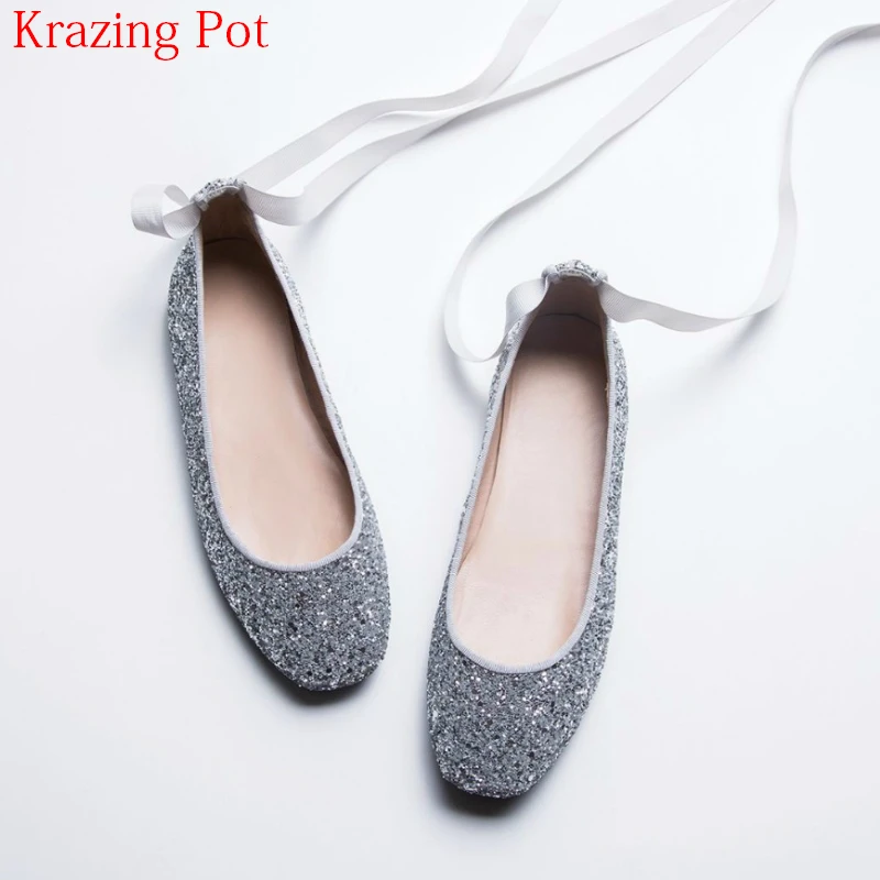 

2018 Fashion Gladiator Round Toe Shallow Sweet Sequined Colth Dance Ballet Flats Ankle Strap Lace Up Casual Driving Shoes L12