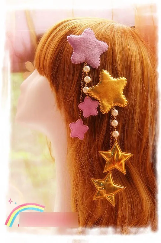

Princess sweet lolita hair accessories Original soft amo lolita star hairpin pendant jewelry pentagonal hanging cosplay ST01