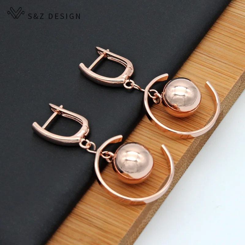 S&Z DESIGN New Fashion Hollow Spherical 585 Rose Gold Color Dangle Earrings For Women Wedding Fine Jewelry