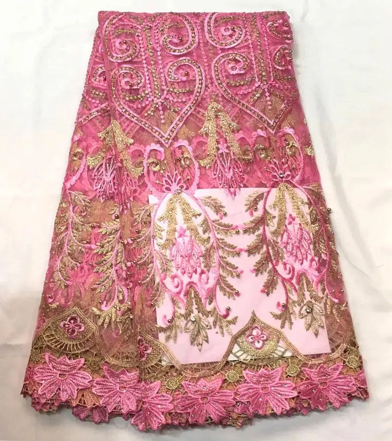 Pink Embroidered Tulle beaded Lace Fabric India Wedding Fabric African