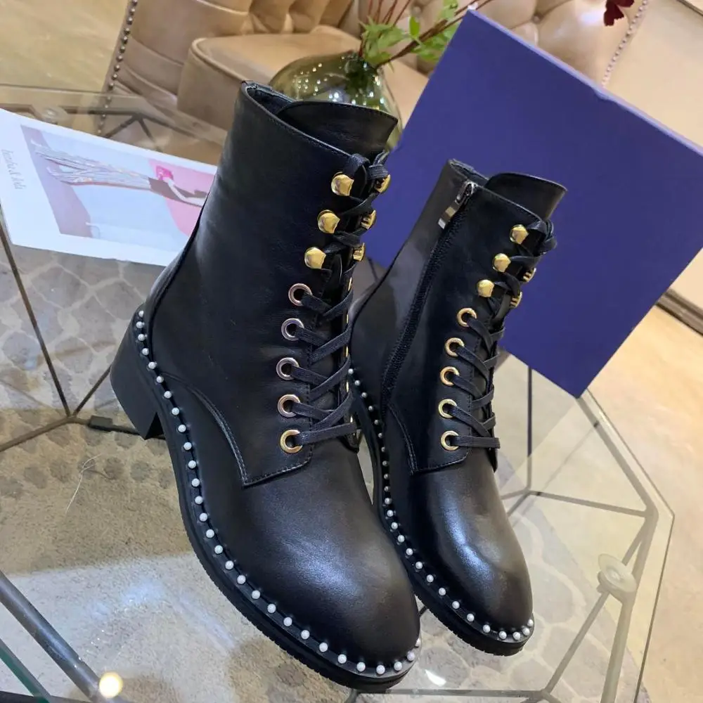 

2019 New Genuine Leather Women Ankle Boots Comfortable Mid Heel Ankle Boots Fashion Women Shoes Classic Lace-Up Motorcycle Boots