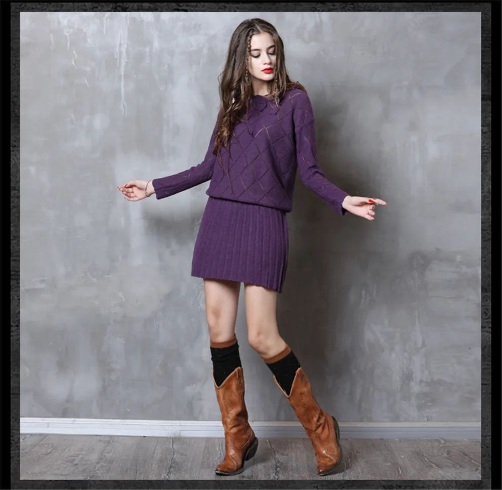 Vintage Winter Sweater Dress 2018 Cotton Wool Floral Knitting Dresses Female O-Neck Long Sleeve Pleated Sweater Dress Vestidos (19)